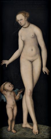 Venus mit Amor als Honigdieb vor schwarzem Grund