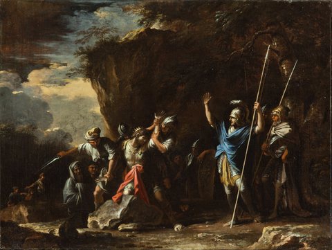 Scene from Greek history- The deaf-mute son of King Croesus prevents the Persians from killing his f...