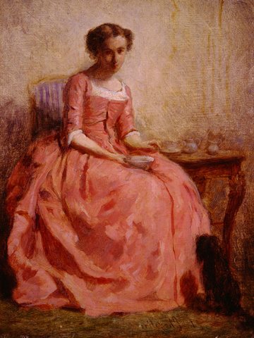 girl in a pink dress reading with a dog