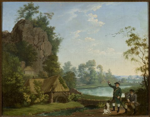 Myśliwi nad wodą w pobliżu młyna z widokiem Creswell Crags
