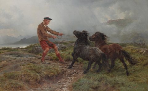 A ghillie and two Shetland ponies in a misty landscape