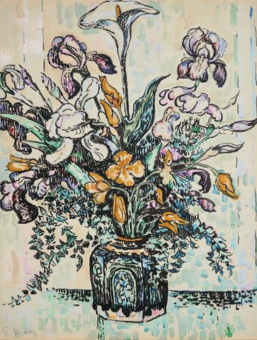 Bouquet of iris, arum, tulips in a vase by André Metthey