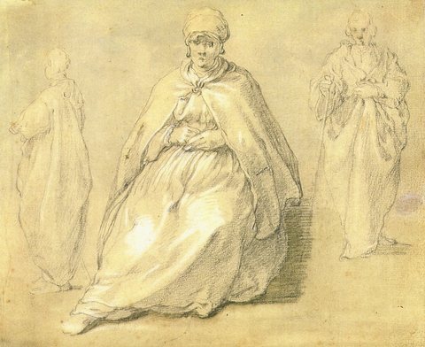 Seated Woman and Two Male Figures; Studies of a Standing Male Figure (verso)