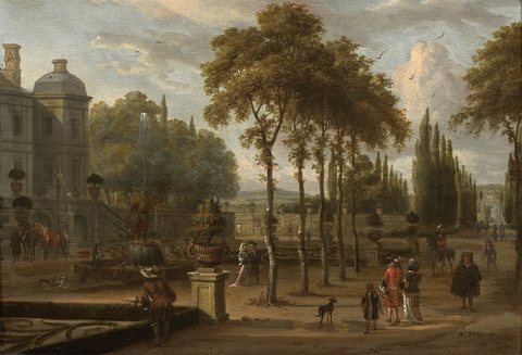 Elegant Company in a Garden by a Mansion