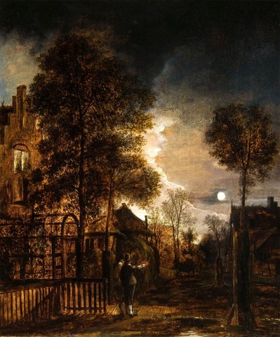 Two Figures Conversing in a Moonlit Park