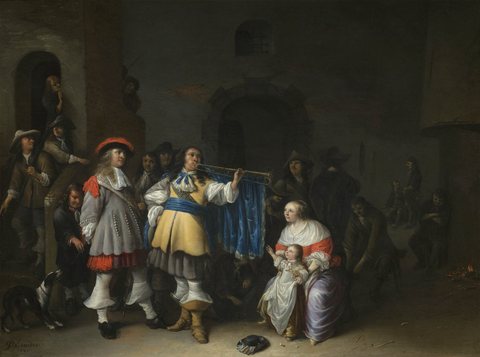 A Guardroom Interior with an Officer Sounding a Trumpet before a Mother and Child