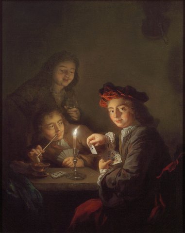 A Candlelit Interior with Boys Playing Cards
