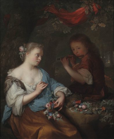 A Young Boy Playing a Flute to a Young Woman with a Garland