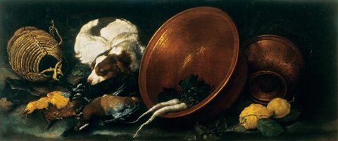 Still Life with Kitchen Utensils, Poultry, a Sleeping Dog and Lemons