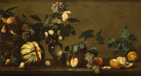 Still Life with a Basket of Fruit, a Vase of Flowers and Fruit on a Ledge