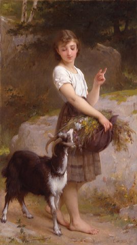 Young Girl with a Goat and Flowers