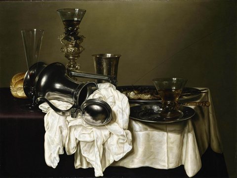 Still Life with an Upturned Silver Ewer, Glasses and a Fish on Pewter Plates