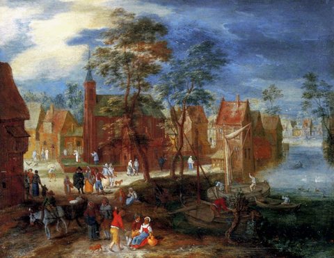 A Village Scene with Peasants Strolling by a River