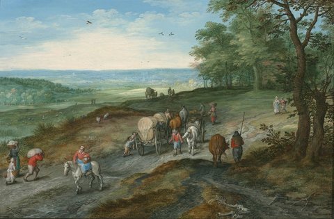 Panoramic Landscape with a Covered Wagon and Travellers on a Highway