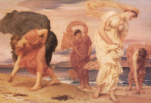 Greek Girls Picking Up Pebbles by the Sea