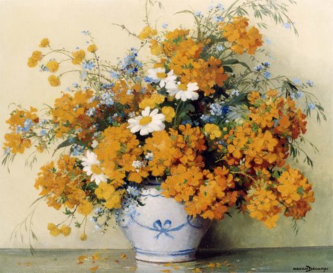 Flowers in a Blue and White Vase