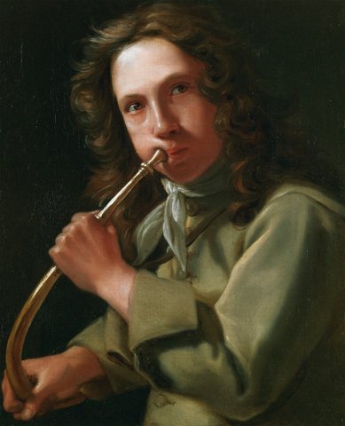 Portrait of a Young Man Playing a Hunting Horn