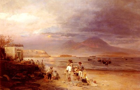 Fishermen by the Bay of Naples with Vesuvius Beyond