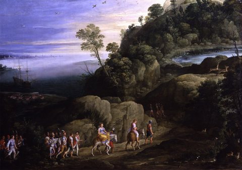 A Wooded Mountainous Coastal Landscape with Brigands Abducting Theagenes and Chariclea