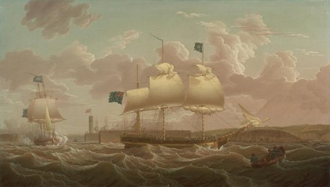 A Privateer in Two Positions Leaving Whitehaven Harbour