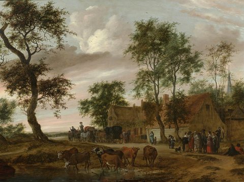 A Village Landscape with Carriages outside an Inn