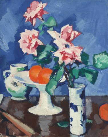 Pink Roses in a Blue and White Vase with Oranges and a Jug
