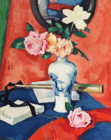 Roses in a Vase against an Orange Background