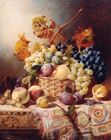 Still Life with a Basket of Fruit on a Table with a Rug