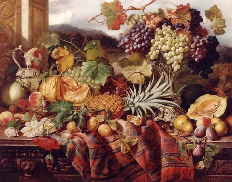 Still Life with Mixed Fruit and a Rug, with a Landscape Beyond
