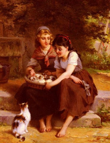 Deux Filles Avec Un Panier De Chatons