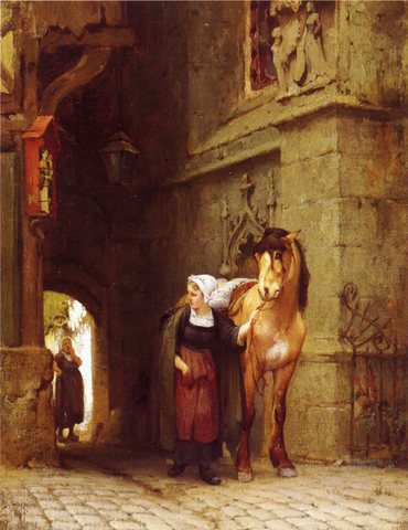 Bridgeman Frederick Arthur Leading the Horse from Stable