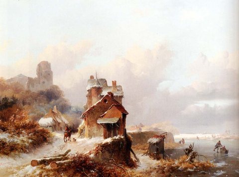 Frederik Marinus A Winterlandscape With A Horserider On A Track Passing A Farmhouse