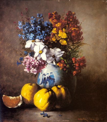 Germaine Theodore A Still Life With A Vase Of Flowers And Fruit