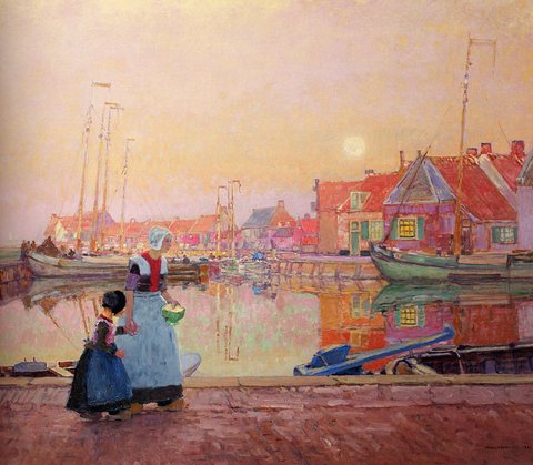 Herrman Hans A Dutch Fishing village At Dusk With Figures On A Quay