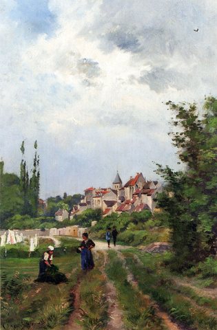 Henri Joseph Washer Women On A Study Track With A Village Beyond