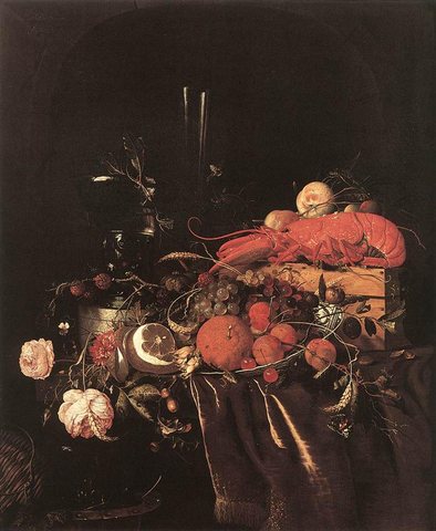 Still Life With Fruit Flowers Glasses And Lobster