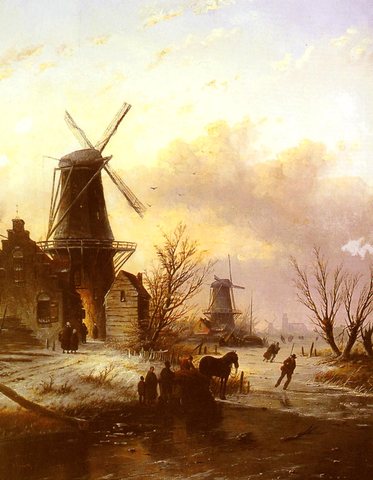 Jacob Jan Coenraad Figures on a bridge in a Dutch Town