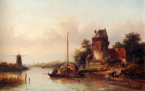 Jan Jacob A River Landscape In Summer With A Moored Haybarge By A Fortified Farmhouse