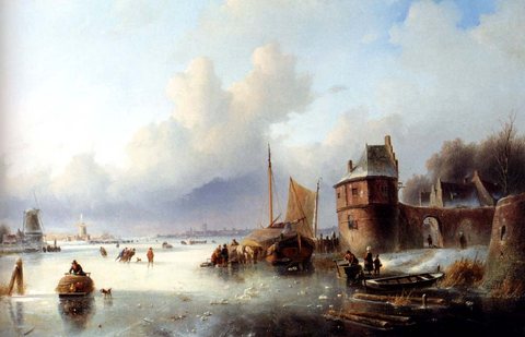 Jan jacob A Winter Landscape With Numerous Skaters On A Frozen Waterway
