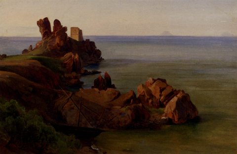 Jean Baptiste Adolphe A Rocky Outcrop With A Moored Boat And Ruined Watchtower Cefalu