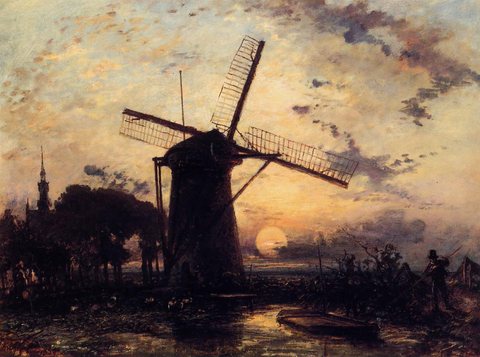 Johan Berthold Boatman by a Windmill at Sundown
