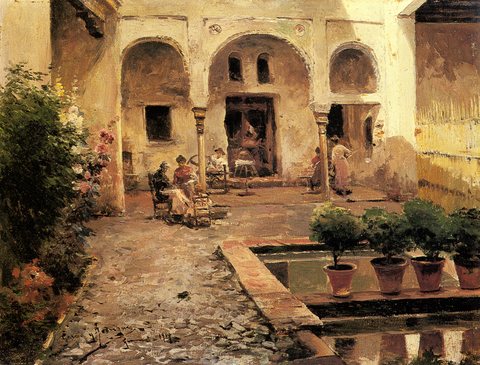 Garcia Y Rodriguez Manuel Figures In A Spanish Courtyard