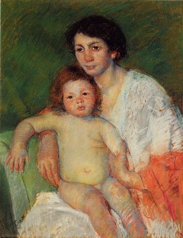 Nude Baby on Mother-s Lap Resting Her Arm on the Back of the Chair