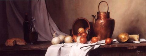 Still Life with Bread onions and Brass Water Jug