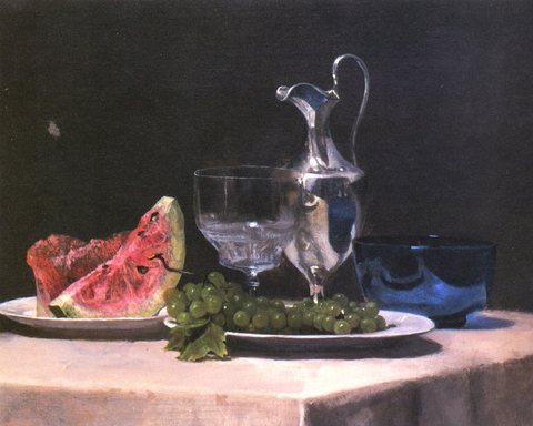 Still life study of silver glass and fruit