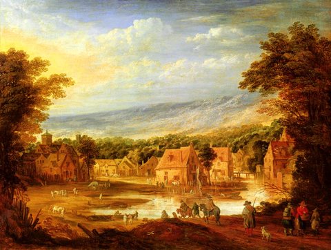 An Extensive River Landscape With Travellers Approaching A Village