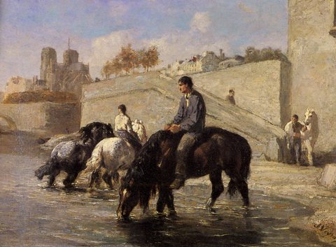 Jules Chevaux Abreuvant Dans La Seine Derriere Notre Dame