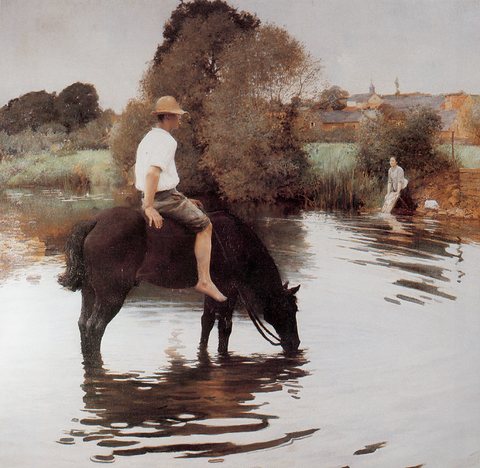 J A Muenier Jeune paysan faisant boire son cheval